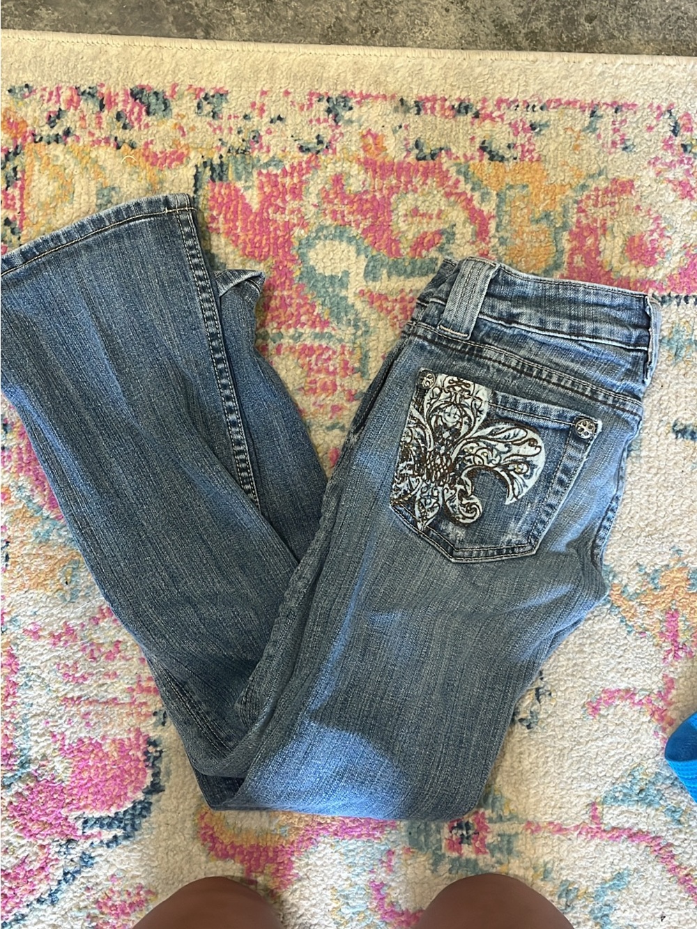 Miss Me Medium Blue Bootcut Jeans with Embroidered Fleur-de-Lis Pocket